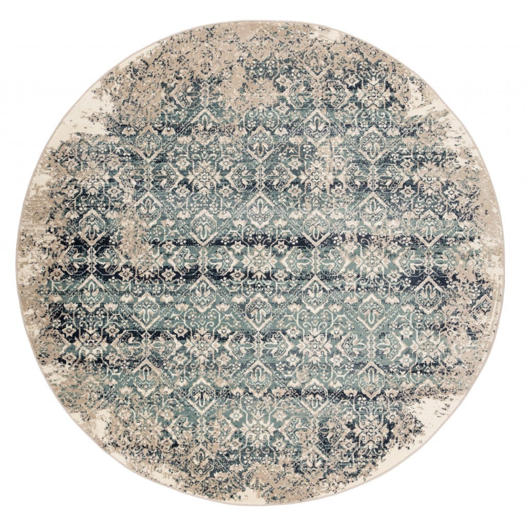 8’ Round Beige Blue Distressed Diamonds Area Rug