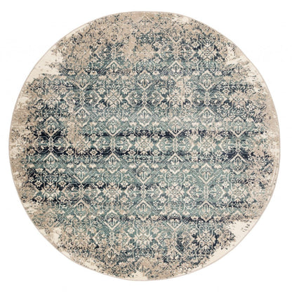 8’ Round Beige Blue Distressed Diamonds Area Rug