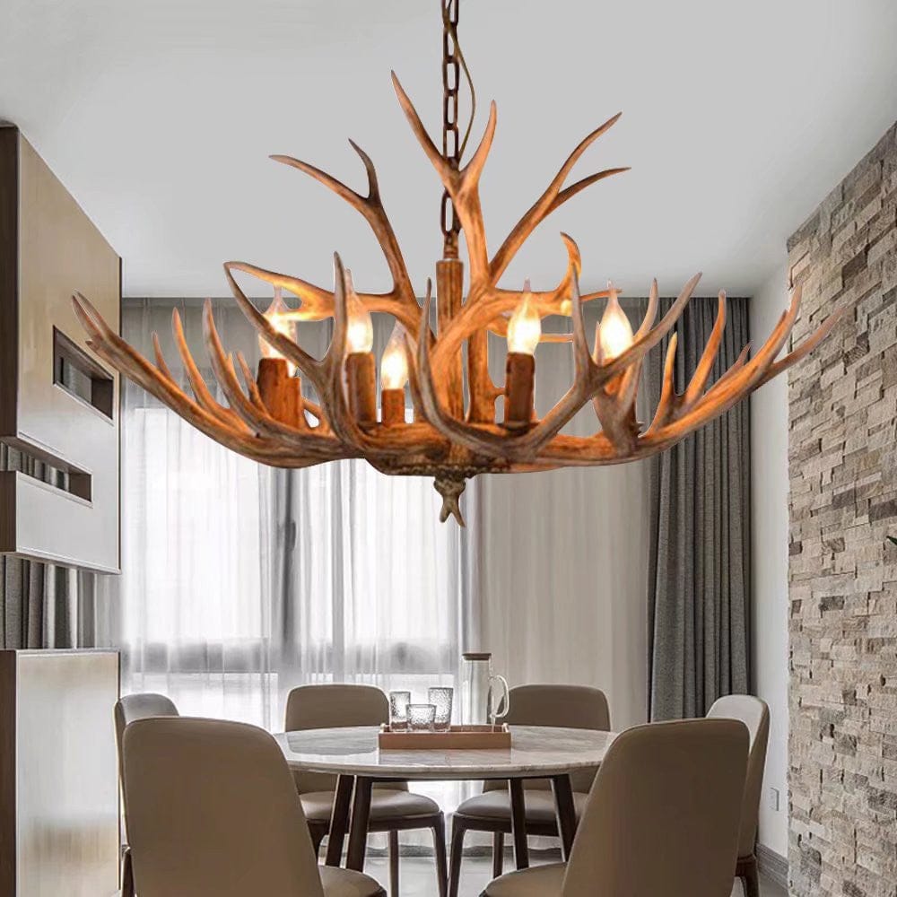 Brown Super Stag Faux Antlers Six Light LED Chandelier