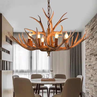 Brown Super Stag Faux Antlers Six Light LED Chandelier