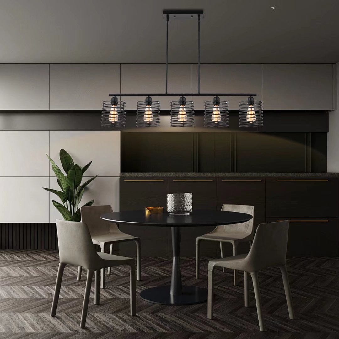 Industrial Black Cage Five Light Metal Pendant Chandelier