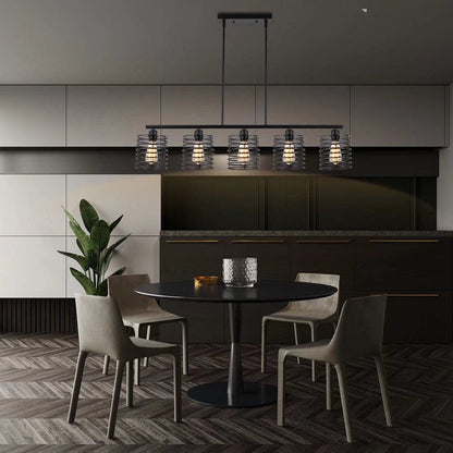 Industrial Black Cage Five Light Metal Pendant Chandelier