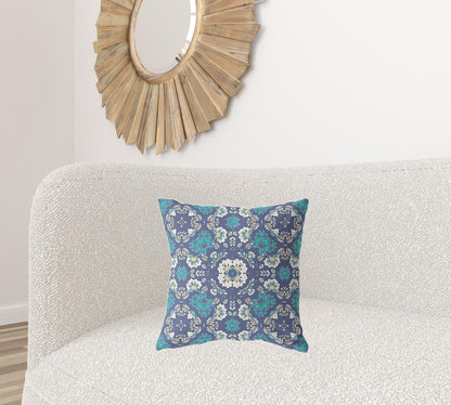 18" X 18" Blue And White Zippered Suede Geometric Throw Pillow