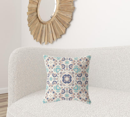 18" X 18" Off White And Blue Zippered Suede Geometric Throw Pillow