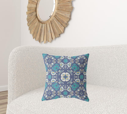 18" X 18" Blue And White Blown Seam Suede Geometric Throw Pillow