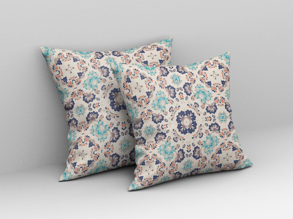 16" X 16" Off White And Blue Floral Blown Seam Suede Throw Pillow