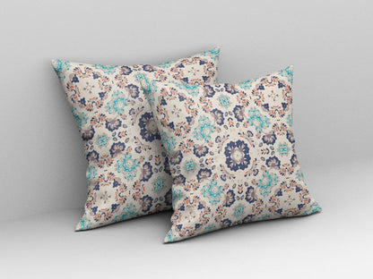 16" X 16" Off White And Blue Floral Blown Seam Suede Throw Pillow