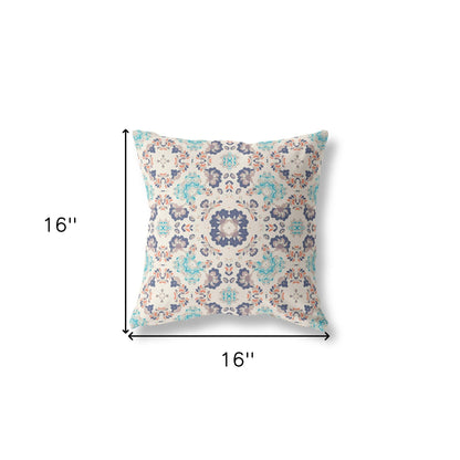 16" X 16" Off White And Blue Floral Blown Seam Suede Throw Pillow