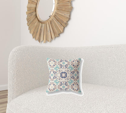 16" X 16" Off White And Blue Floral Blown Seam Suede Throw Pillow