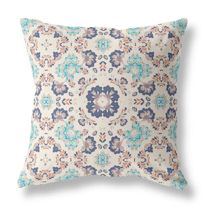 18" X 18" Off White And Blue Floral Blown Seam Suede Throw Pillow
