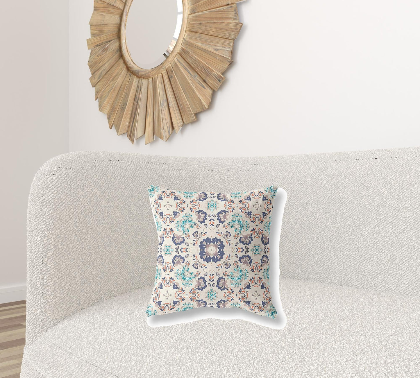 18" X 18" Off White And Blue Floral Blown Seam Suede Throw Pillow