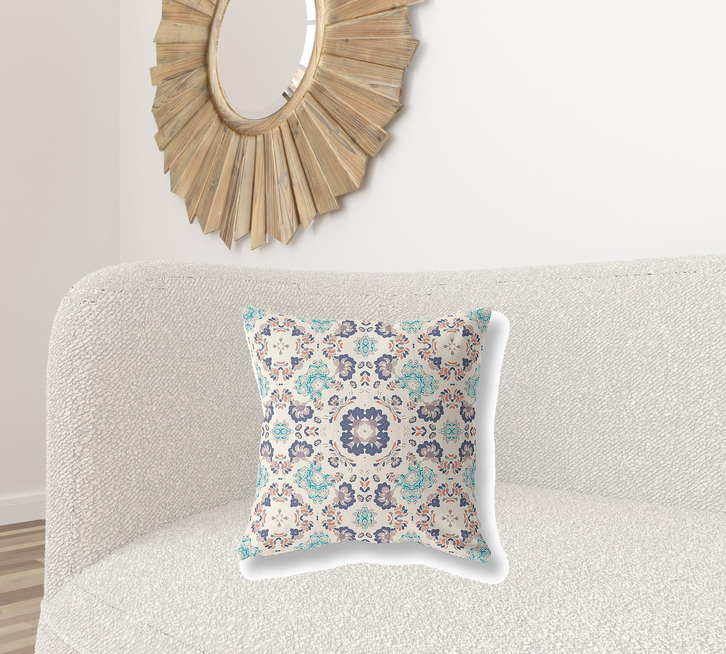 18" X 18" Off White And Blue Floral Blown Seam Suede Throw Pillow