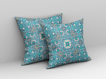 16" X 16" Light Blue Floral Blown Seam Suede Throw Pillow