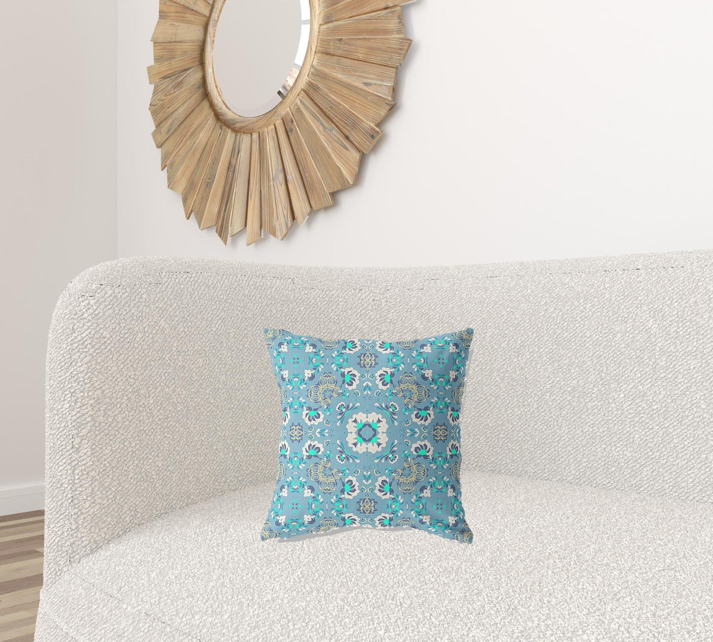 16" X 16" Light Blue Floral Blown Seam Suede Throw Pillow
