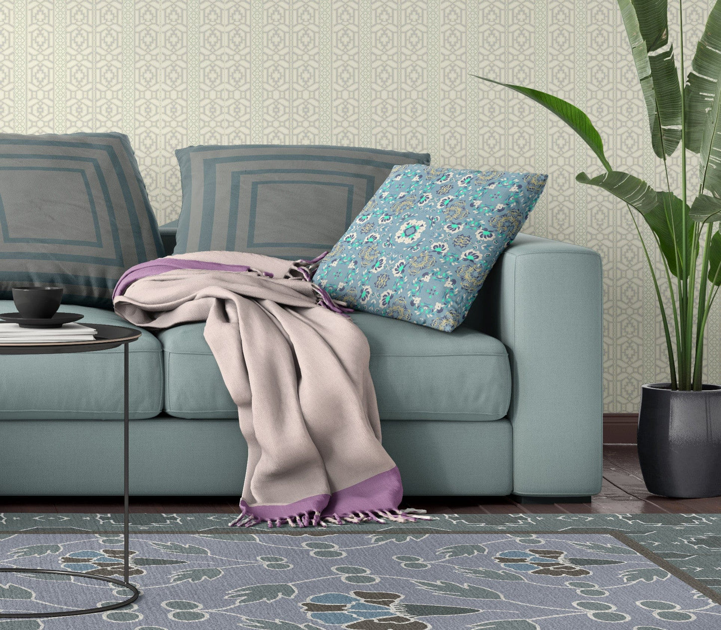 18" X 18" Light Blue Floral Blown Seam Suede Throw Pillow