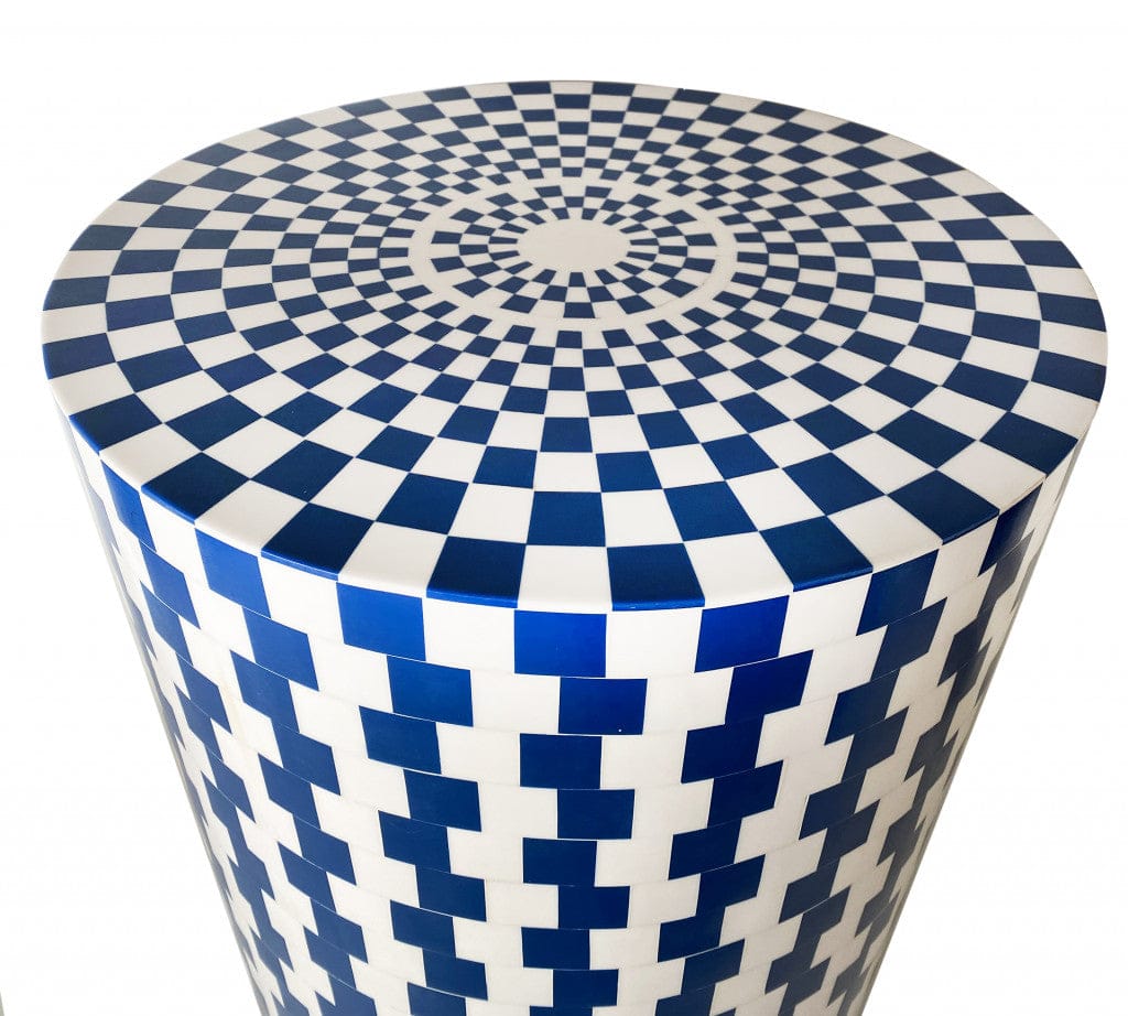 20" Mod Indigo And Ivory Resin Round End Table