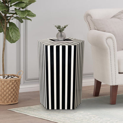 18" Mod Black And Ivory Resin Hexagon End Table