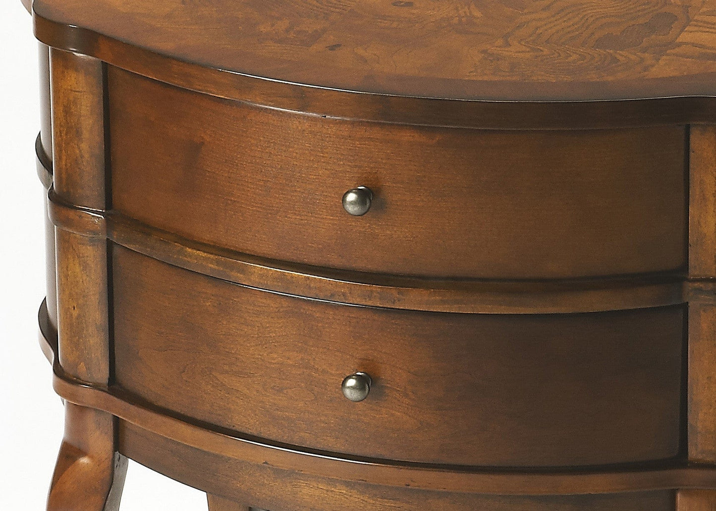 26" Medium Brown And Umber Solid And Manufactured Wood Oval End Table With Two Drawers And Shelf