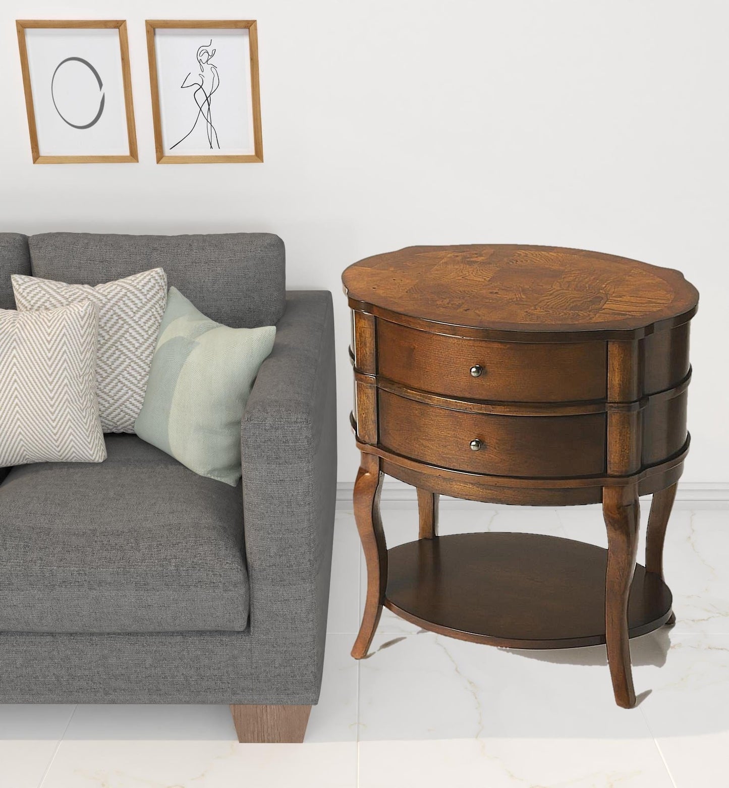 26" Medium Brown And Umber Solid And Manufactured Wood Oval End Table With Two Drawers And Shelf