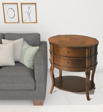 26" Medium Brown And Umber Solid And Manufactured Wood Oval End Table With Two Drawers And Shelf