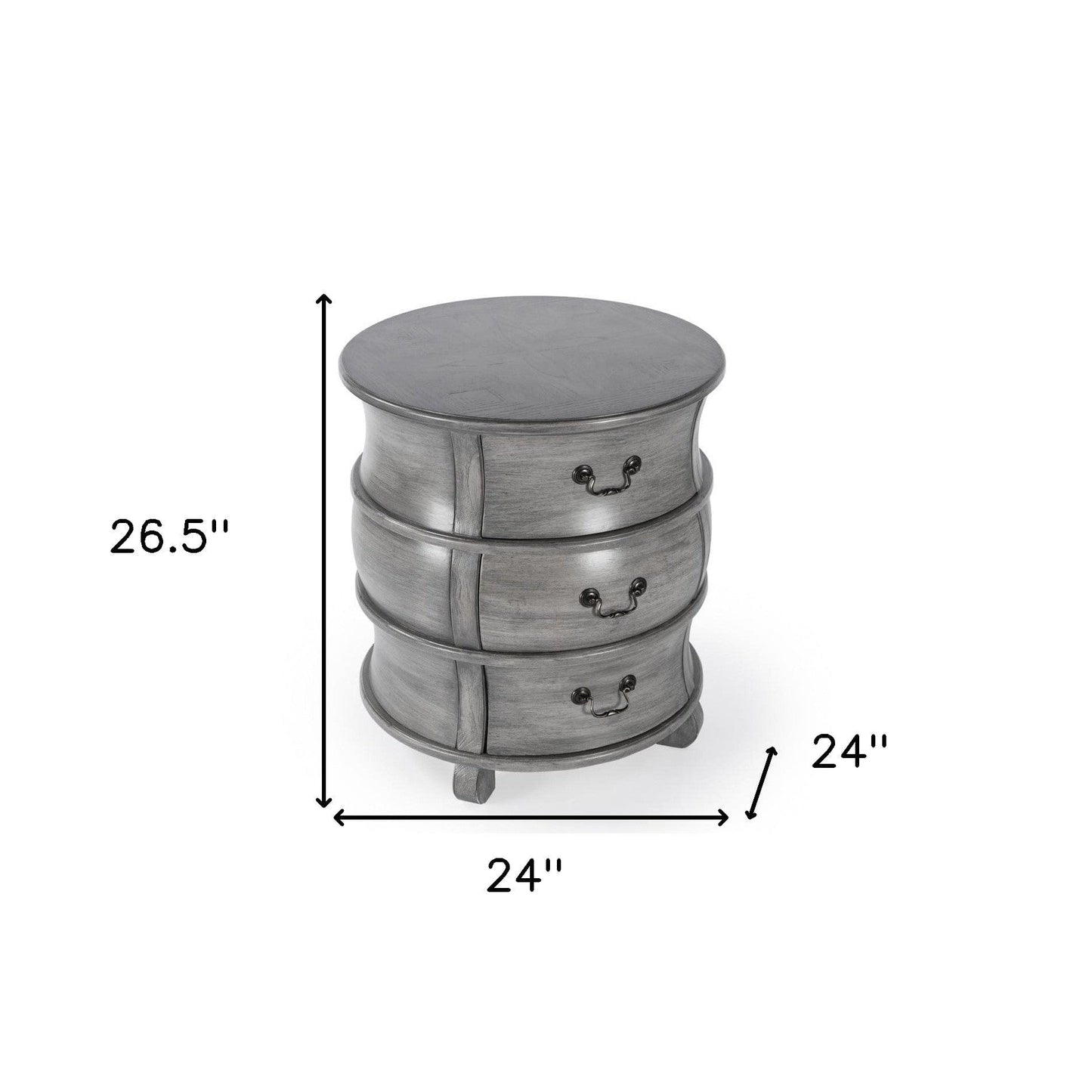 27" Grey Wood Round End Table With Three Drawers