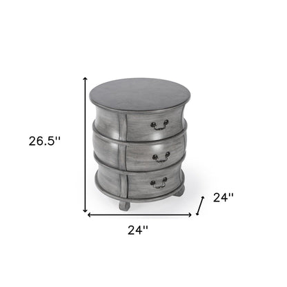 27" Grey Wood Round End Table With Three Drawers