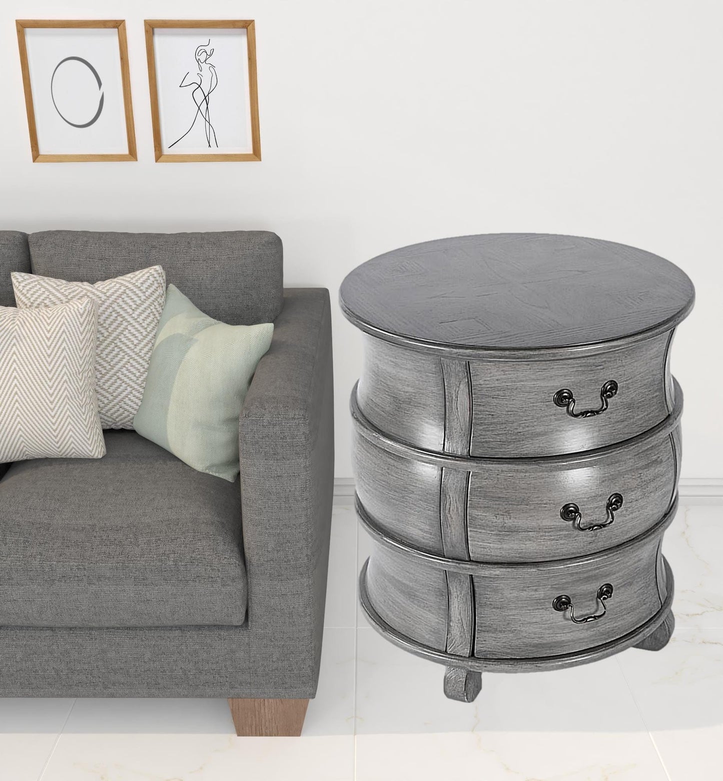 27" Grey Wood Round End Table With Three Drawers