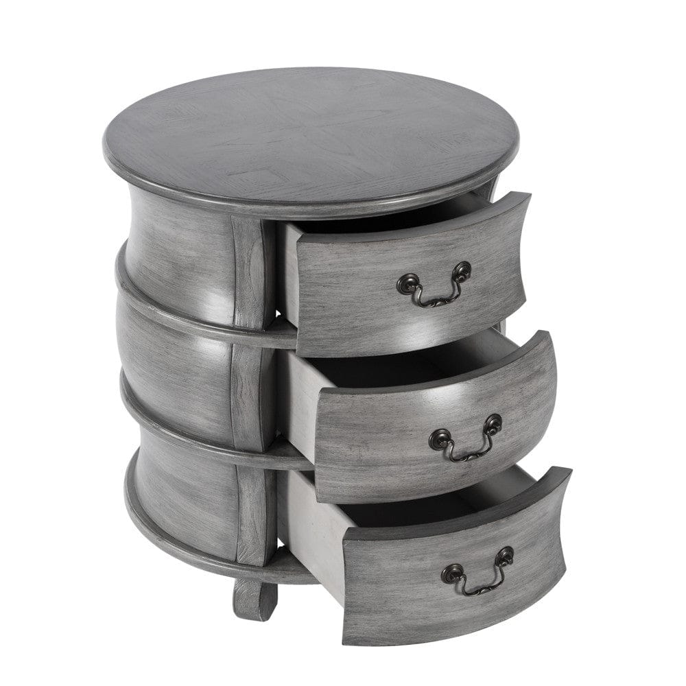 27" Grey Wood Round End Table With Three Drawers