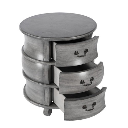 27" Grey Wood Round End Table With Three Drawers