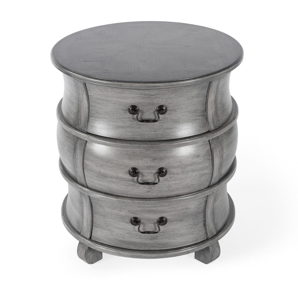 27" Grey Wood Round End Table With Three Drawers