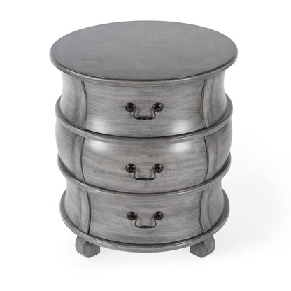 27" Grey Wood Round End Table With Three Drawers