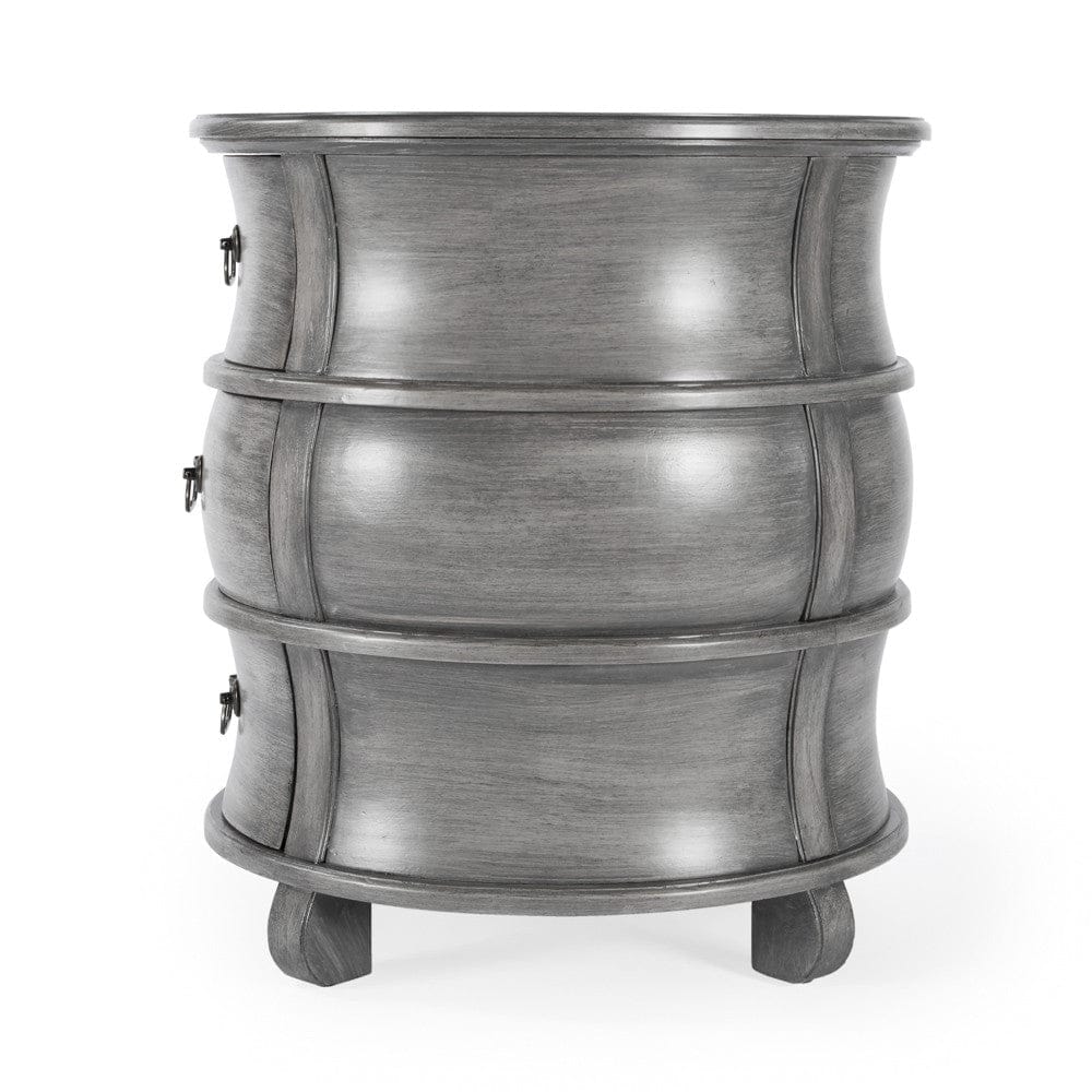 27" Grey Wood Round End Table With Three Drawers