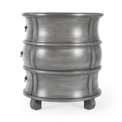 27" Grey Wood Round End Table With Three Drawers