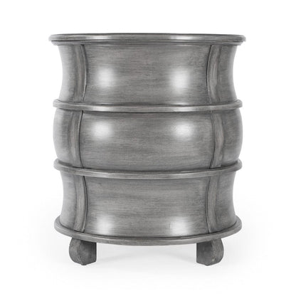 27" Grey Wood Round End Table With Three Drawers