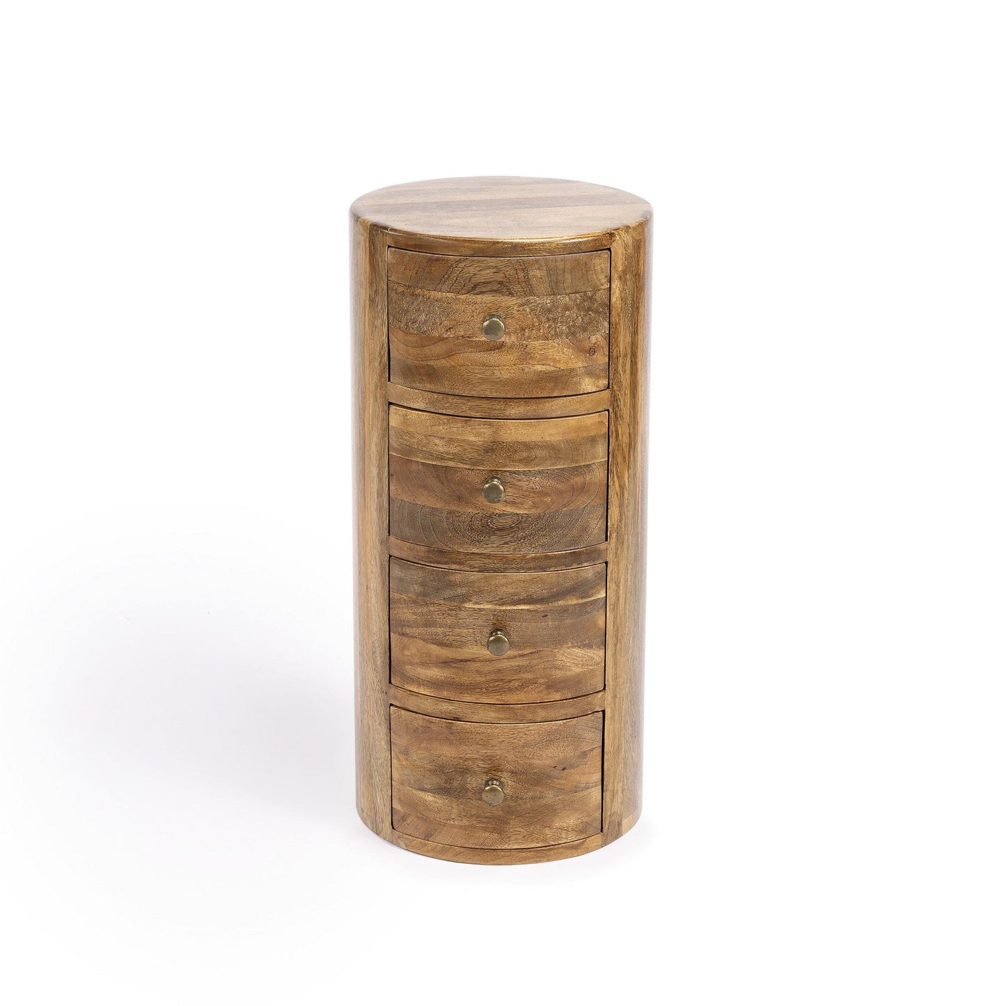 24" Light Brown Wood Round End Table With Four Drawers