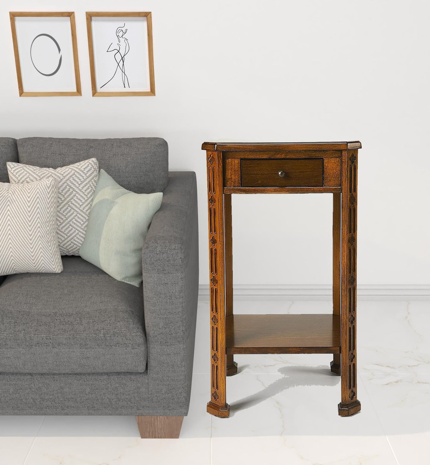 27" Medium Brown And Olive Ash Manufactured Wood Rectangular End Table With Drawer And Shelf