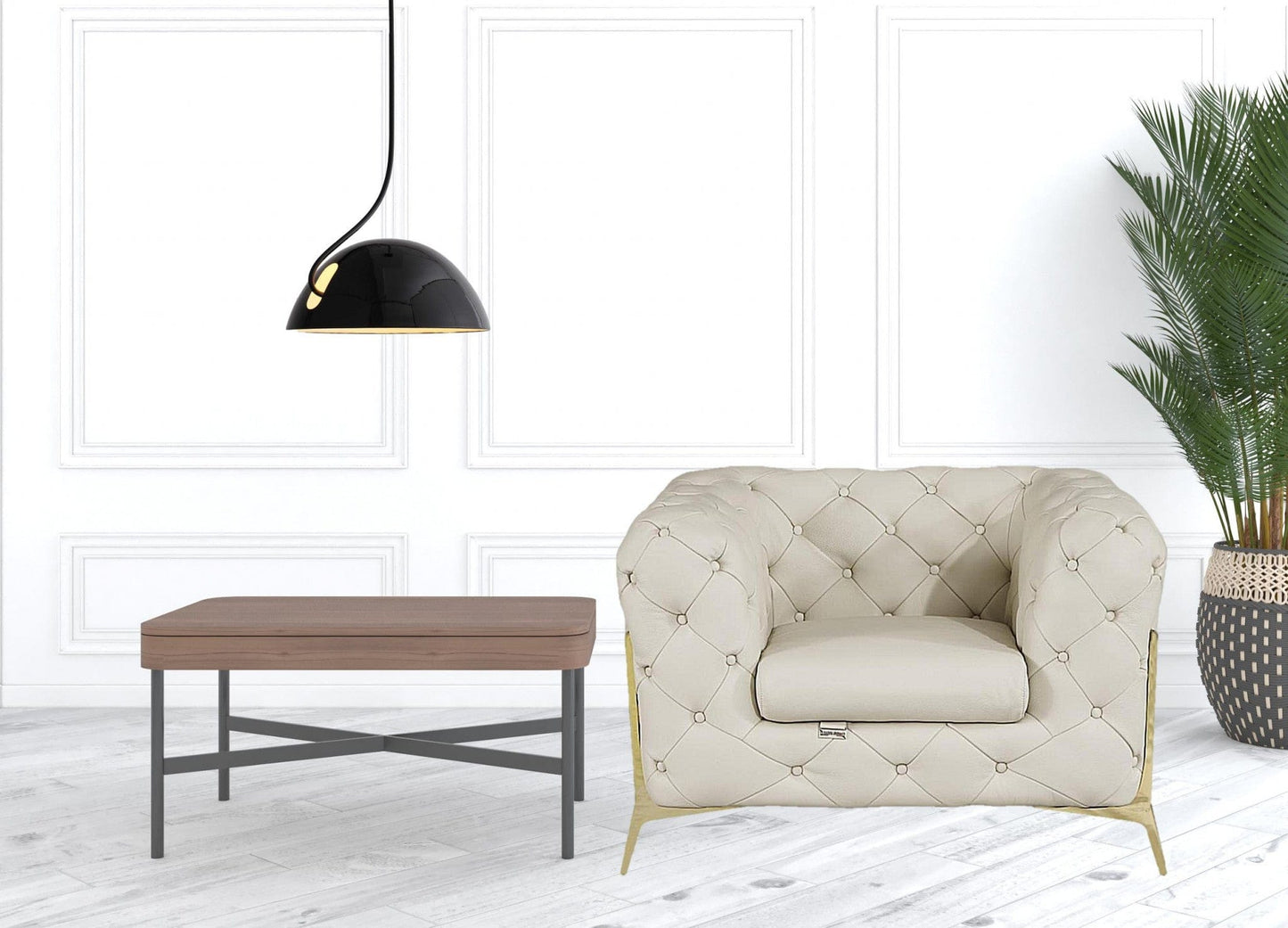 Glam Beige and Gold Tufted Leather Armchair
