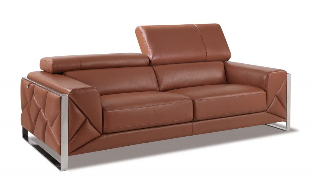 89" Camel Brown and Chrome Genuine Leather Standard Sofa