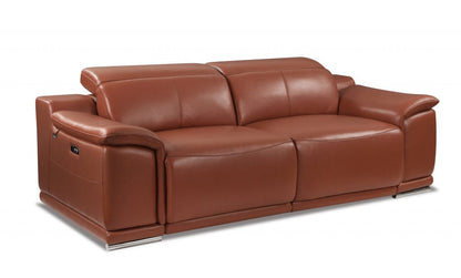 86" Camel Brown Genuine Leather Reclining Sofa