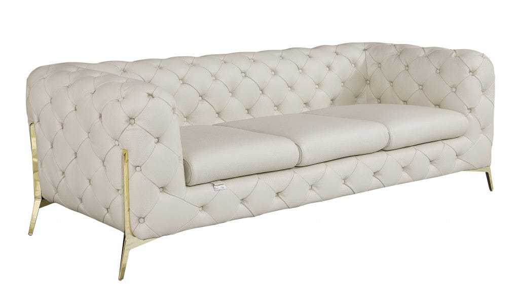 93" Beige Genuine Button Tufted Leather Standard Sofa