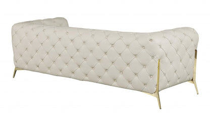 93" Beige Genuine Button Tufted Leather Standard Sofa