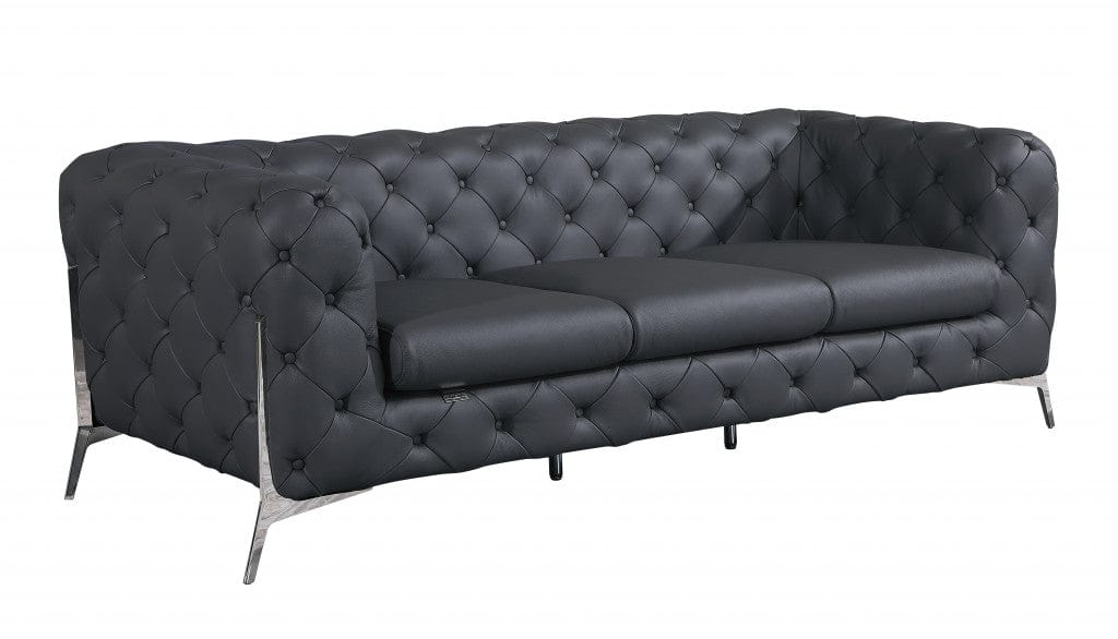 93" Dark Gray Genuine Button Tufted Leather Standard Sofa