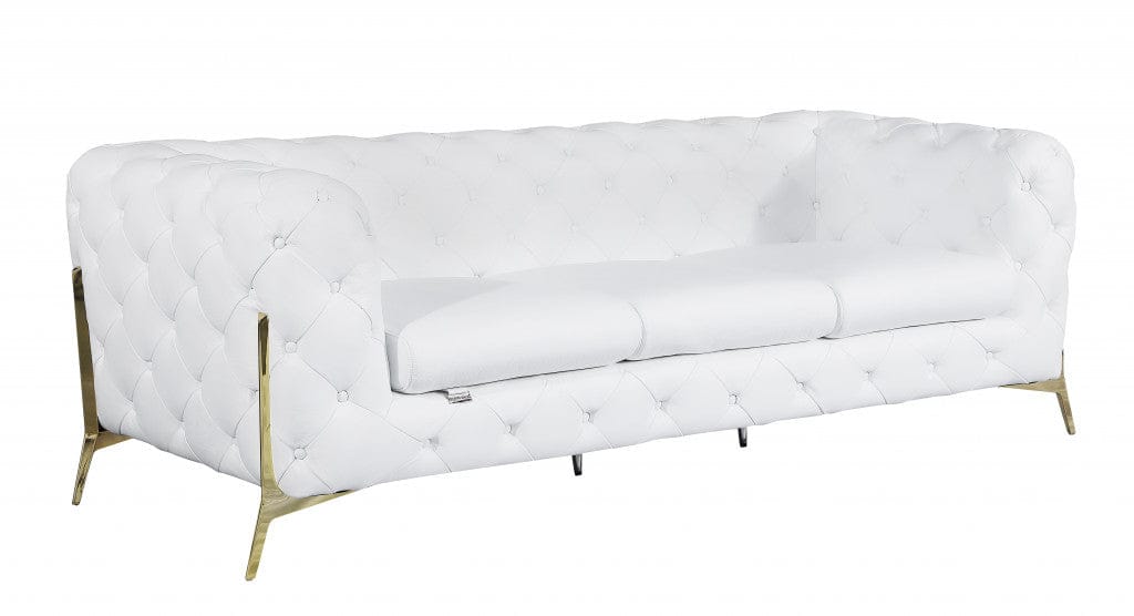93" White and Gold Genuine Tufted Leather Standard Sofa