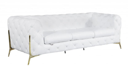 93" White and Gold Genuine Tufted Leather Standard Sofa