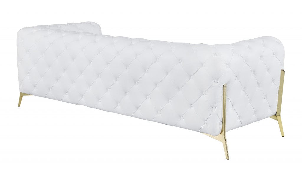 93" White and Gold Genuine Tufted Leather Standard Sofa