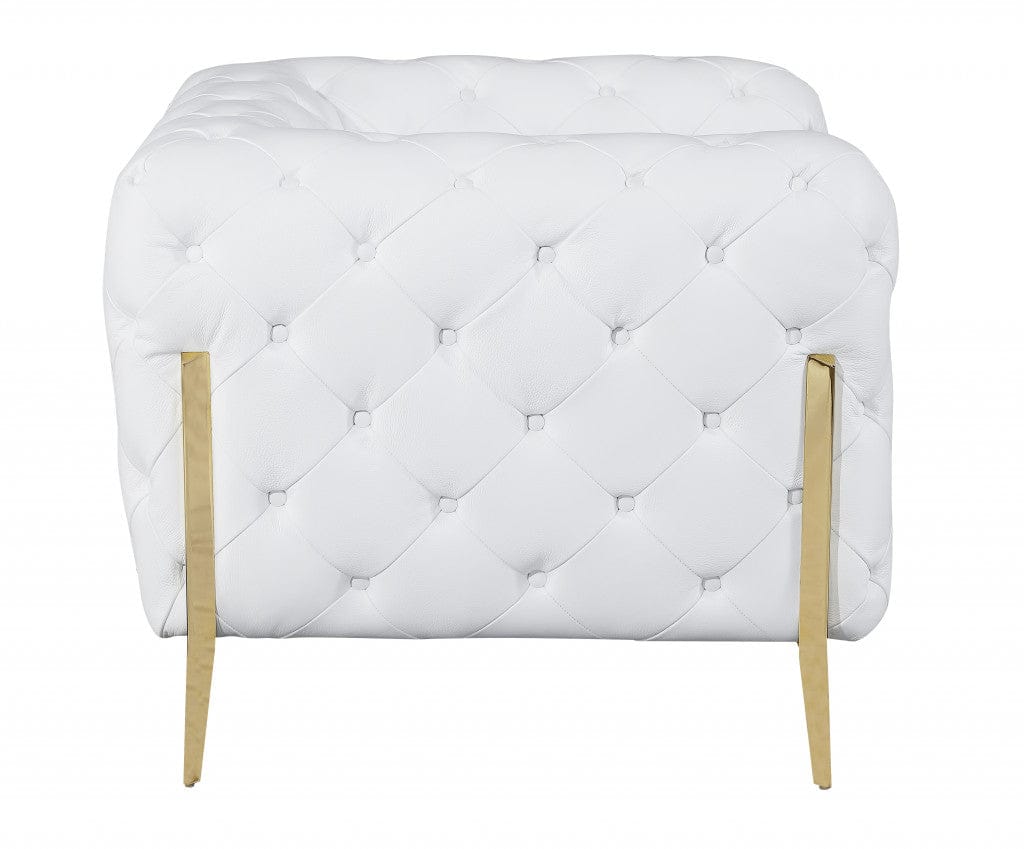 93" White and Gold Genuine Tufted Leather Standard Sofa