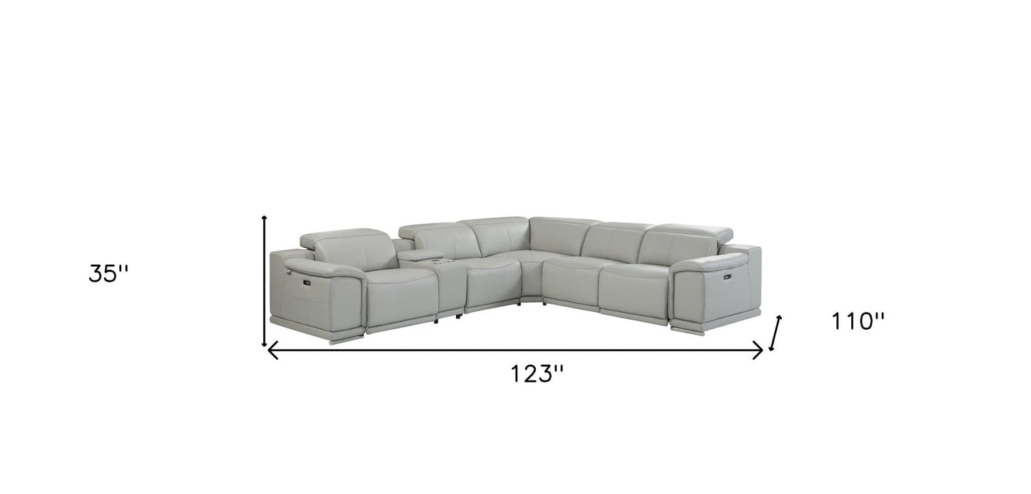 Light Gray Italian Leather Power Recline L Shape Six Piece Corner Sectional With Console