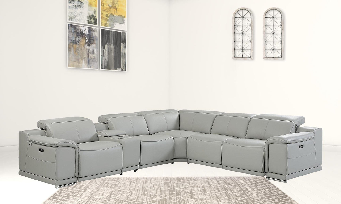 Light Gray Italian Leather Power Recline L Shape Six Piece Corner Sectional With Console