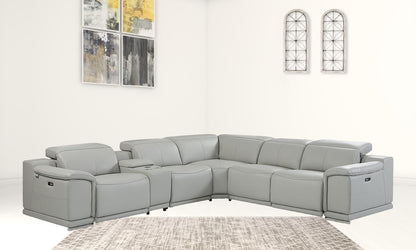Light Gray Italian Leather Power Recline L Shape Six Piece Corner Sectional With Console