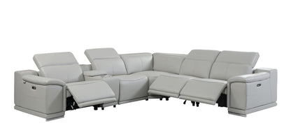 Light Gray Italian Leather Power Recline L Shape Six Piece Corner Sectional With Console